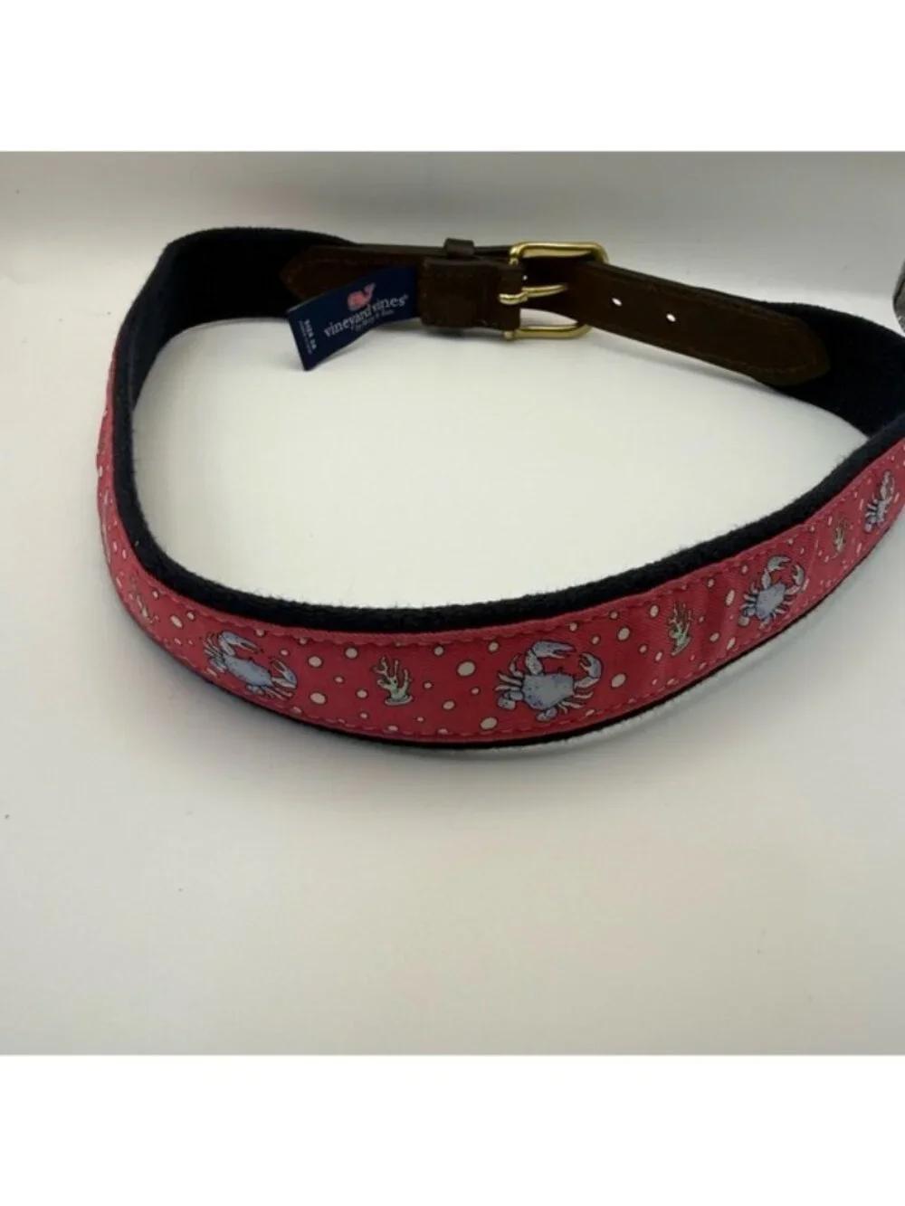 Vineyard Vines Pink Crab Print Canvas Leather Belt Size 28 Preppy Coastal